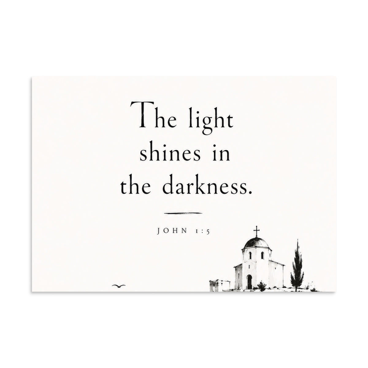 Scripture poster featuring John 1:5 and the theme of light overcoming darkness, 11.69″×16.54″ size.