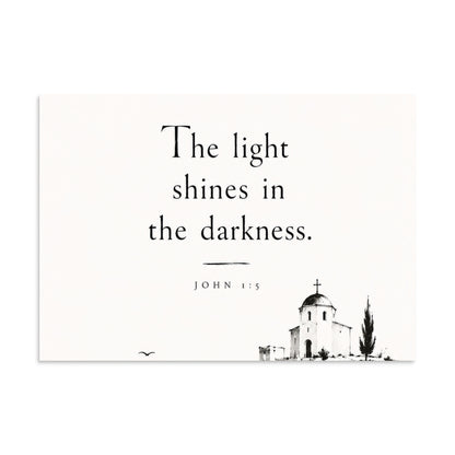 Scripture poster featuring John 1:5 and the theme of light overcoming darkness, 11.69″×16.54″ size.