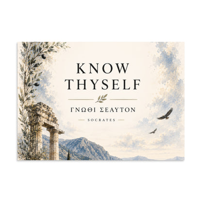 Poster featuring classical ruins and the Greek maxim “Know Thyself” in centered typography, 11.69″×16.54″ size.