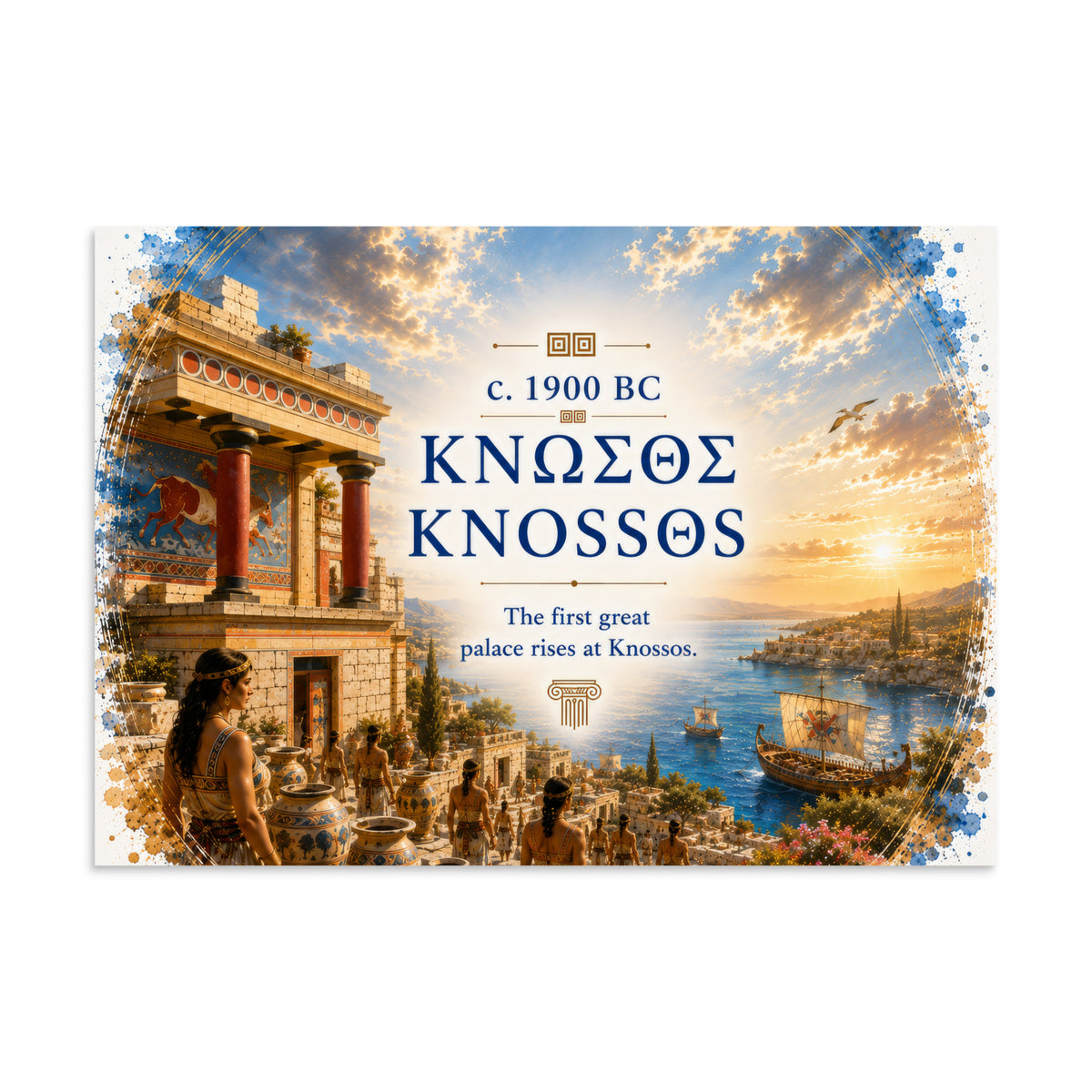 Illustrated poster interpreting ancient Knossos and Bronze Age Crete, 11.69″×16.54″ size.