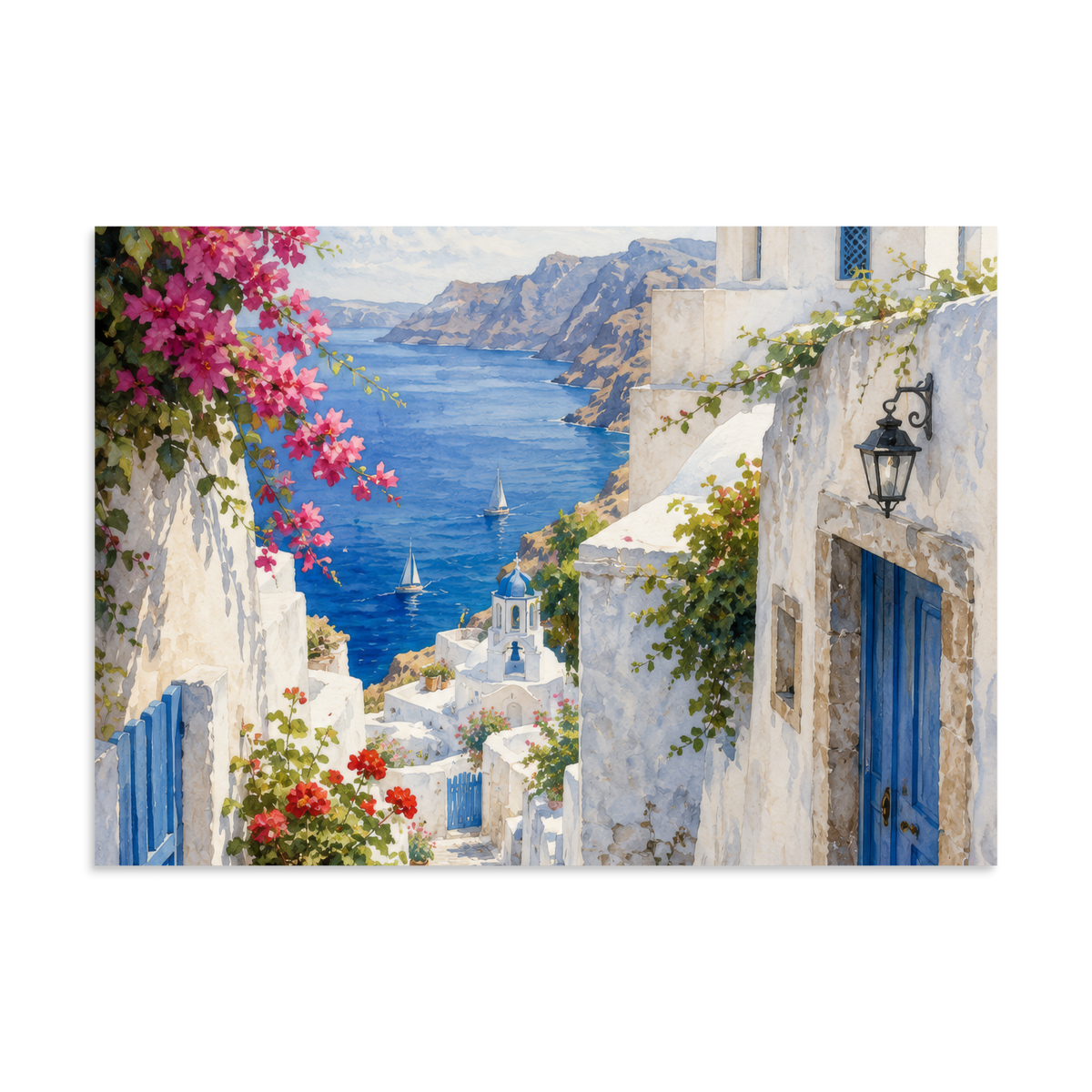 Illustrated poster of a Santorini courtyard scene, 11.69″×16.54″ size.