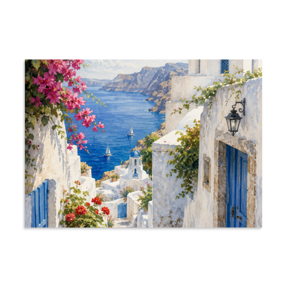 Illustrated poster of a Santorini courtyard scene, 11.69″×16.54″ size.