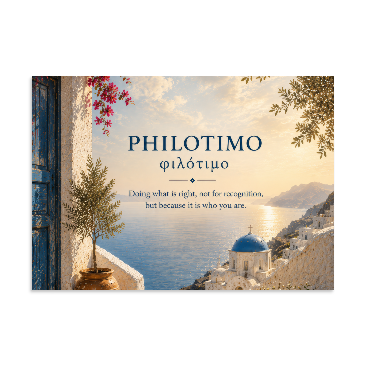 Poster featuring an artful design around the Greek concept of philotimo, 11.69″×16.54″ size.