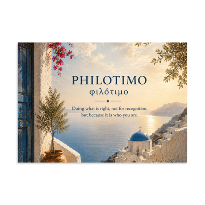 Poster featuring an artful design around the Greek concept of philotimo, 11.69″×16.54″ size.
