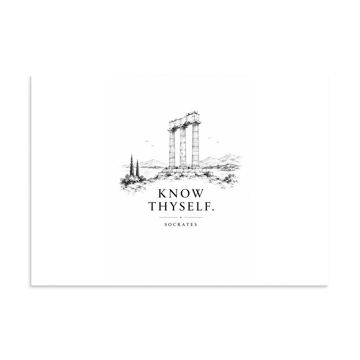 Poster featuring classical ruins and the Greek maxim “Know Thyself” in centered typography, 11.69″×16.54″ size.