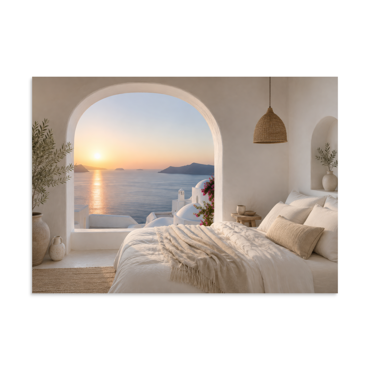 Illustrated Greek-island bedroom scene with whitewashed walls and sea-blue light, 11.69″×16.54″ size.