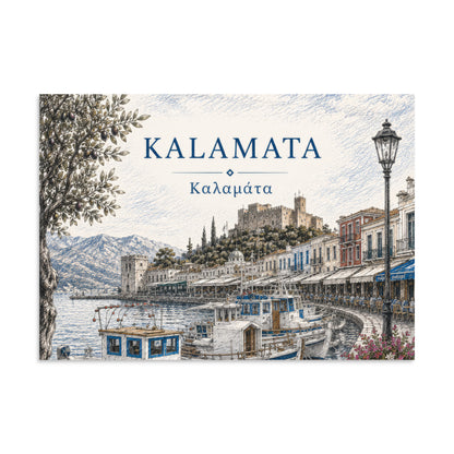 Illustrated Kalamata, Greece harbor scene with fishing boats, waterfront buildings, mountains, and an olive tree, titled “KALAMATA” and “Καλαμάτα”, 11.69″×16.54″ size.