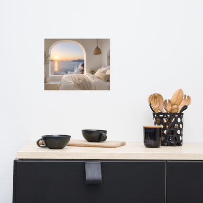Illustrated Greek-island bedroom scene with whitewashed walls and sea-blue light.