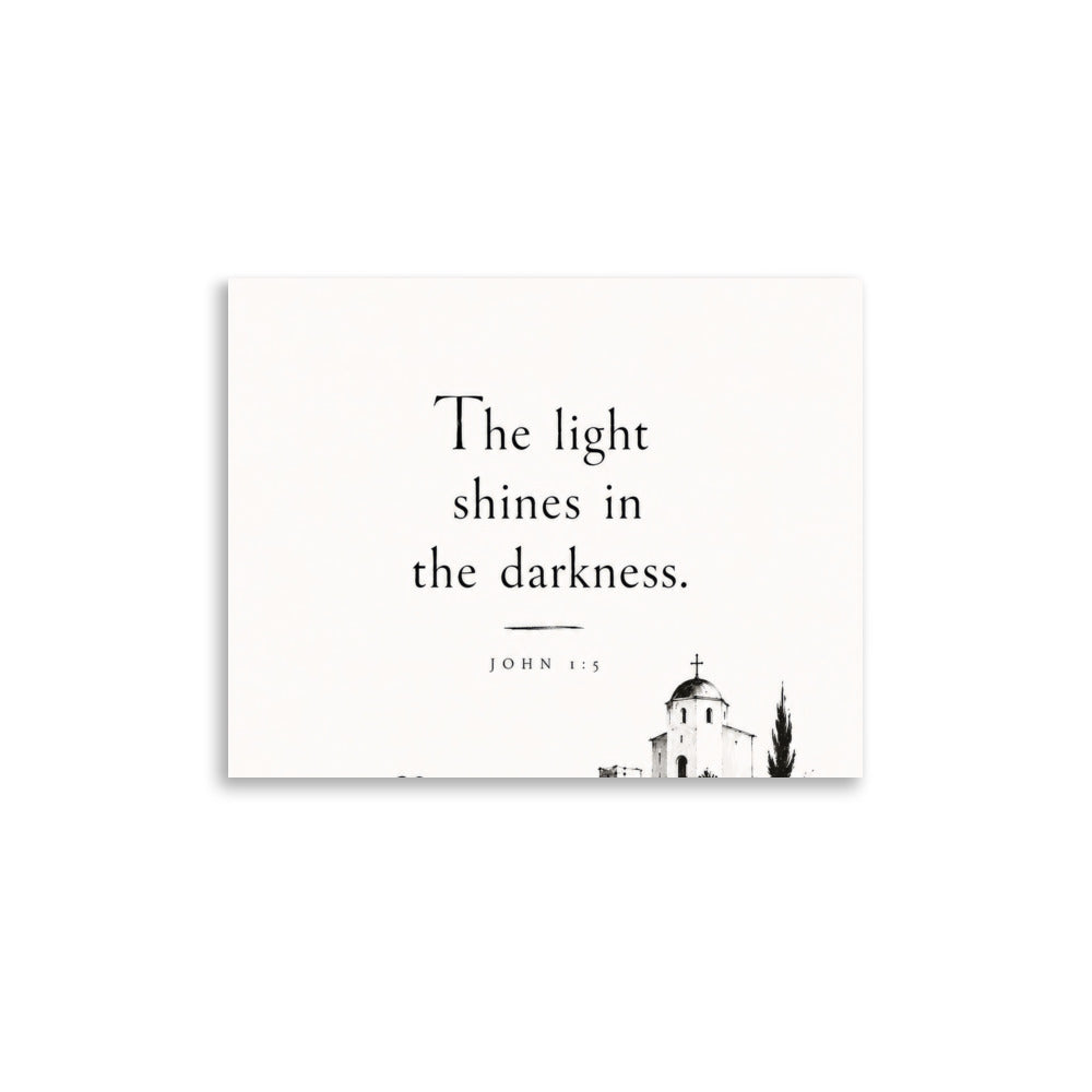 Scripture poster featuring John 1:5 and the theme of light overcoming darkness, 11″×14″ size.