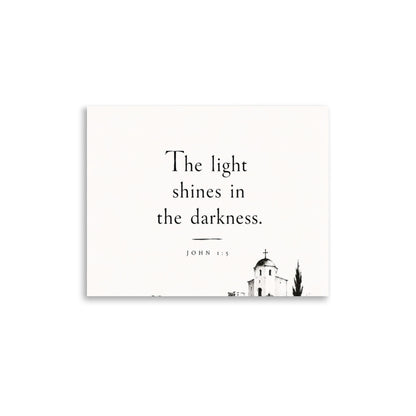 Scripture poster featuring John 1:5 and the theme of light overcoming darkness, 11″×14″ size.