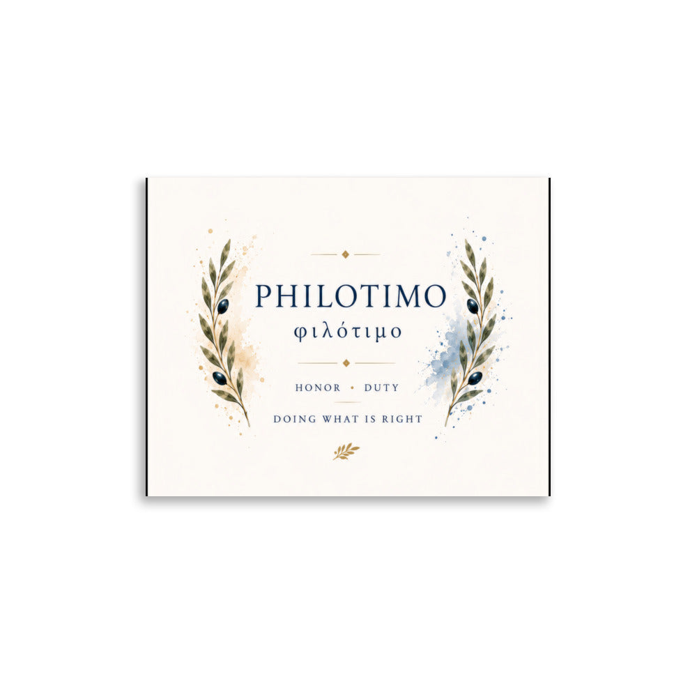 Poster featuring an artful design around the Greek concept of philotimo, 11″×14″ size.