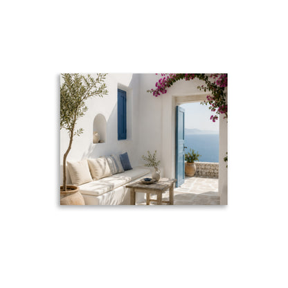 Illustrated Cycladic courtyard scene in white, blue, and stone tones, 11″×14″ size.