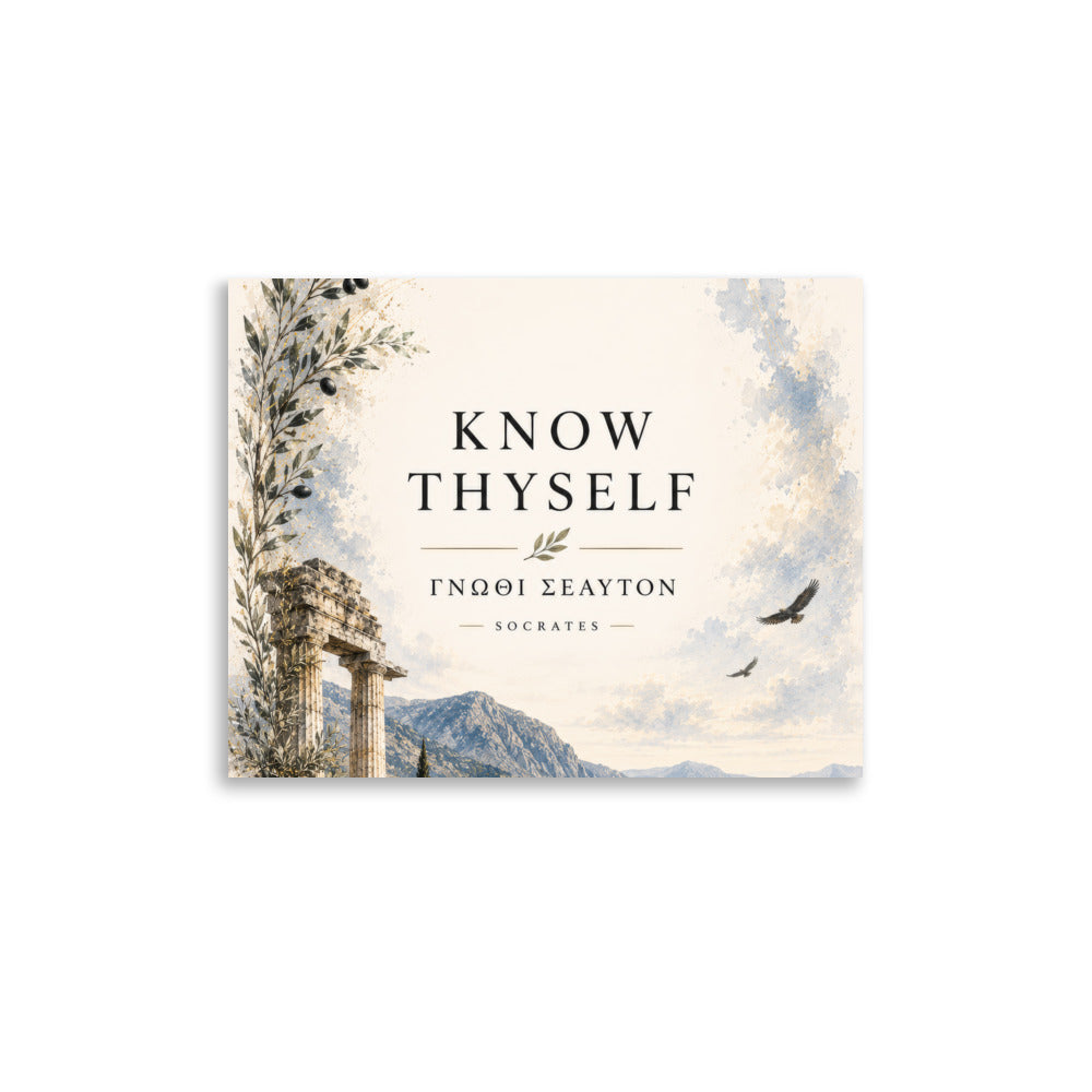 Poster featuring classical ruins and the Greek maxim “Know Thyself” in centered typography, 11″×14″ size.