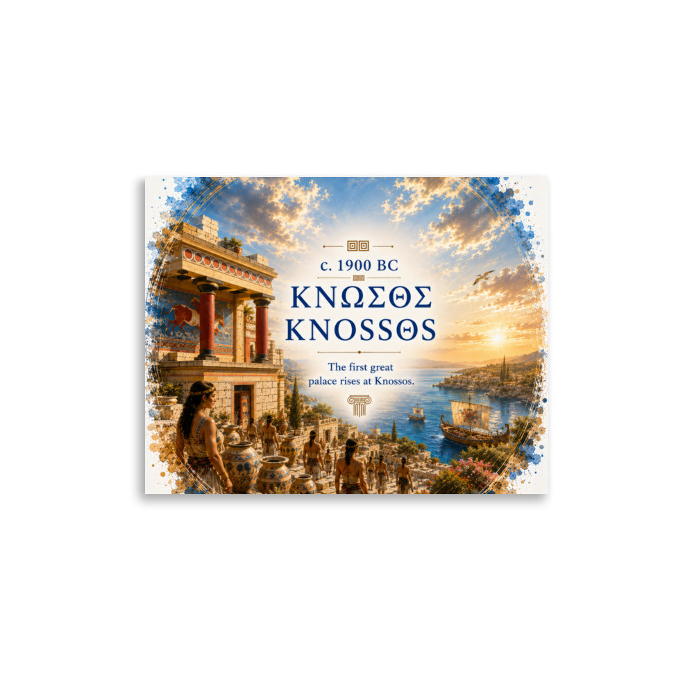 Illustrated poster interpreting ancient Knossos and Bronze Age Crete, 11″×14″ size.