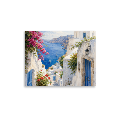 Illustrated poster of a Santorini courtyard scene, 11″×14″ size.