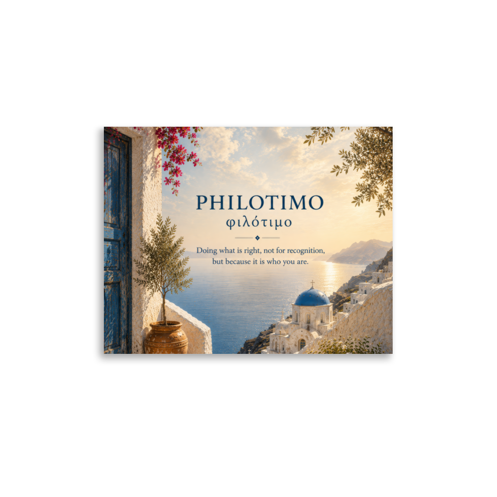 Poster featuring an artful design around the Greek concept of philotimo, 11″×14″ size.
