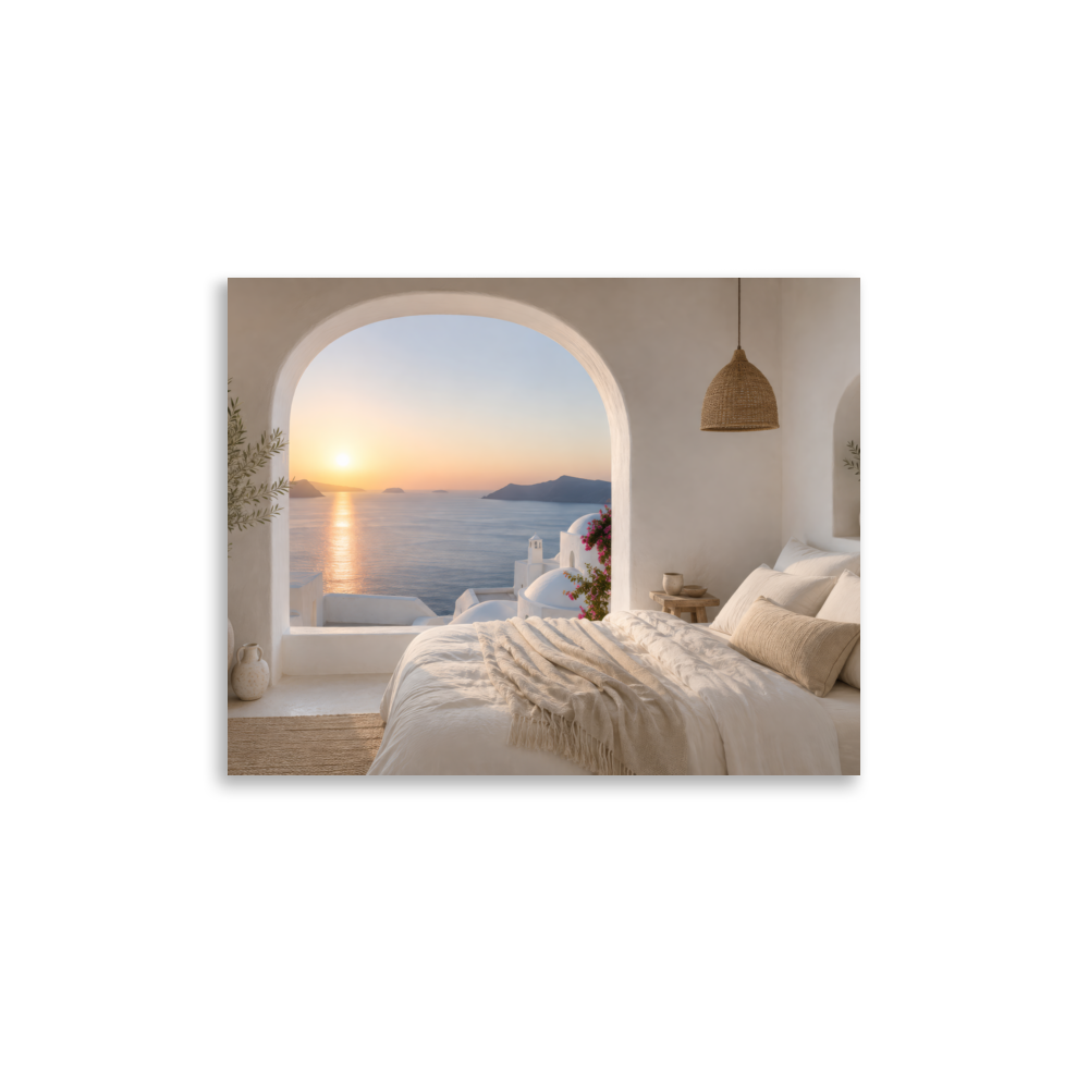Illustrated Greek-island bedroom scene with whitewashed walls and sea-blue light — additional product photo.