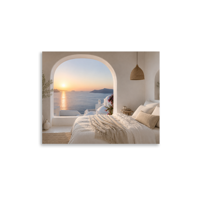 Illustrated Greek-island bedroom scene with whitewashed walls and sea-blue light — additional product photo.