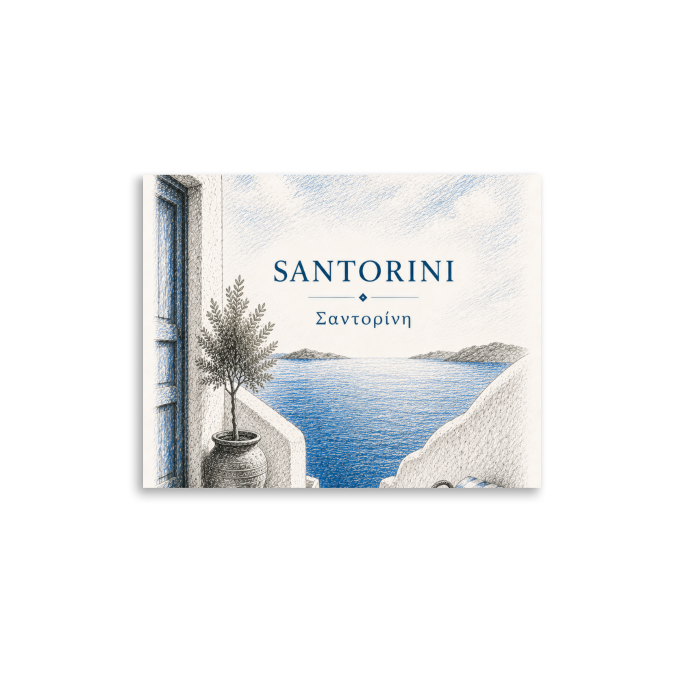 Hand-drawn sketch-style poster of Santorini's cliffside, whitewashed architecture, 11″×14″ size.