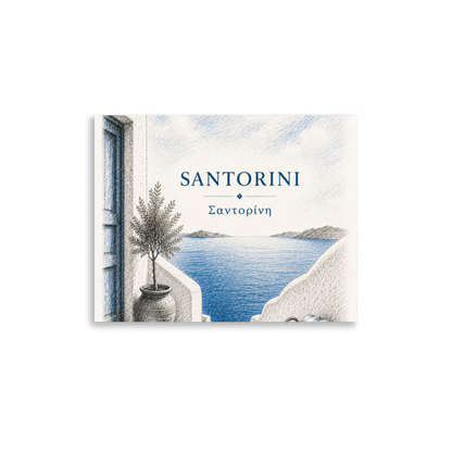 Hand-drawn sketch-style poster of Santorini's cliffside, whitewashed architecture, 11″×14″ size.