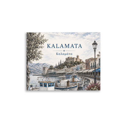 Illustrated Kalamata, Greece harbor scene with fishing boats, waterfront buildings, mountains, and an olive tree, titled “KALAMATA” and “Καλαμάτα”, 11″×14″ size.