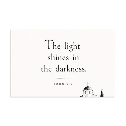 Scripture poster featuring John 1:5 and the theme of light overcoming darkness, 11″×17″ size.