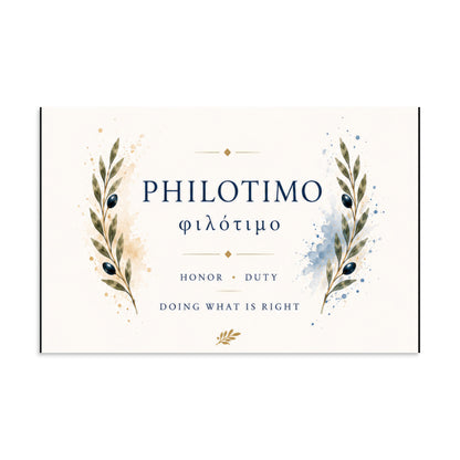 Poster featuring an artful design around the Greek concept of philotimo, 11″×17″ size.