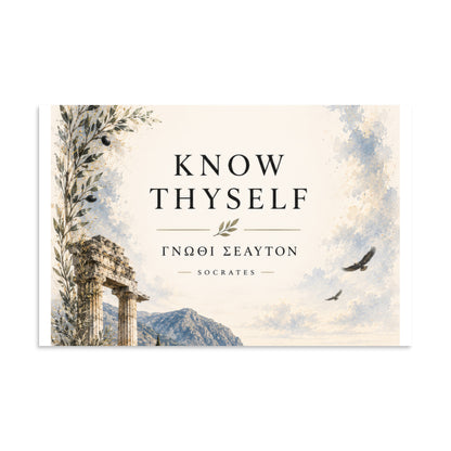 Poster featuring classical ruins and the Greek maxim “Know Thyself” in centered typography, 11″×17″ size.