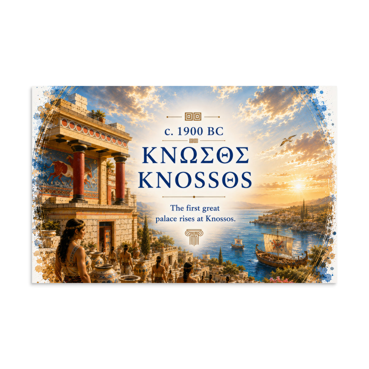 Illustrated poster interpreting ancient Knossos and Bronze Age Crete, 11″×17″ size.