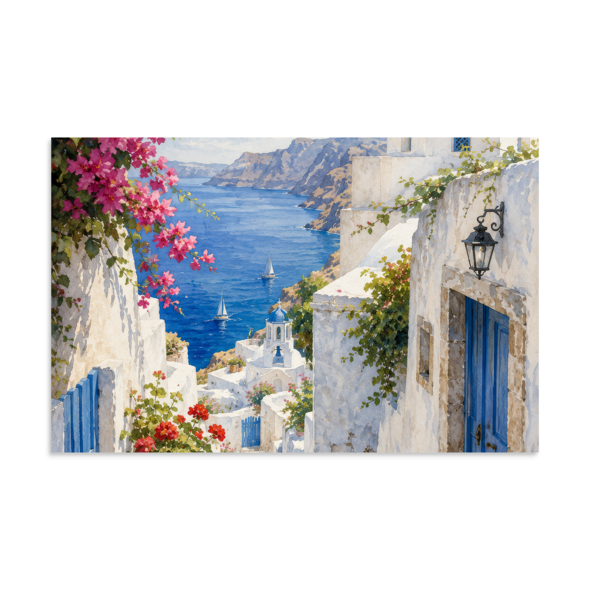 Illustrated poster of a Santorini courtyard scene, 11″×17″ size.