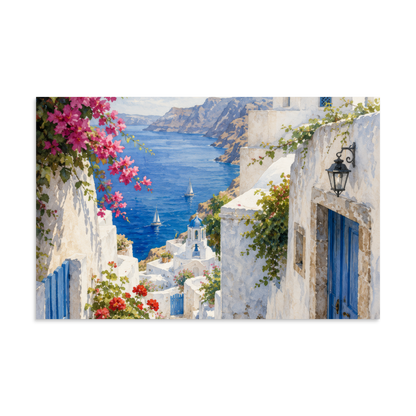 Illustrated poster of a Santorini courtyard scene, 11″×17″ size.