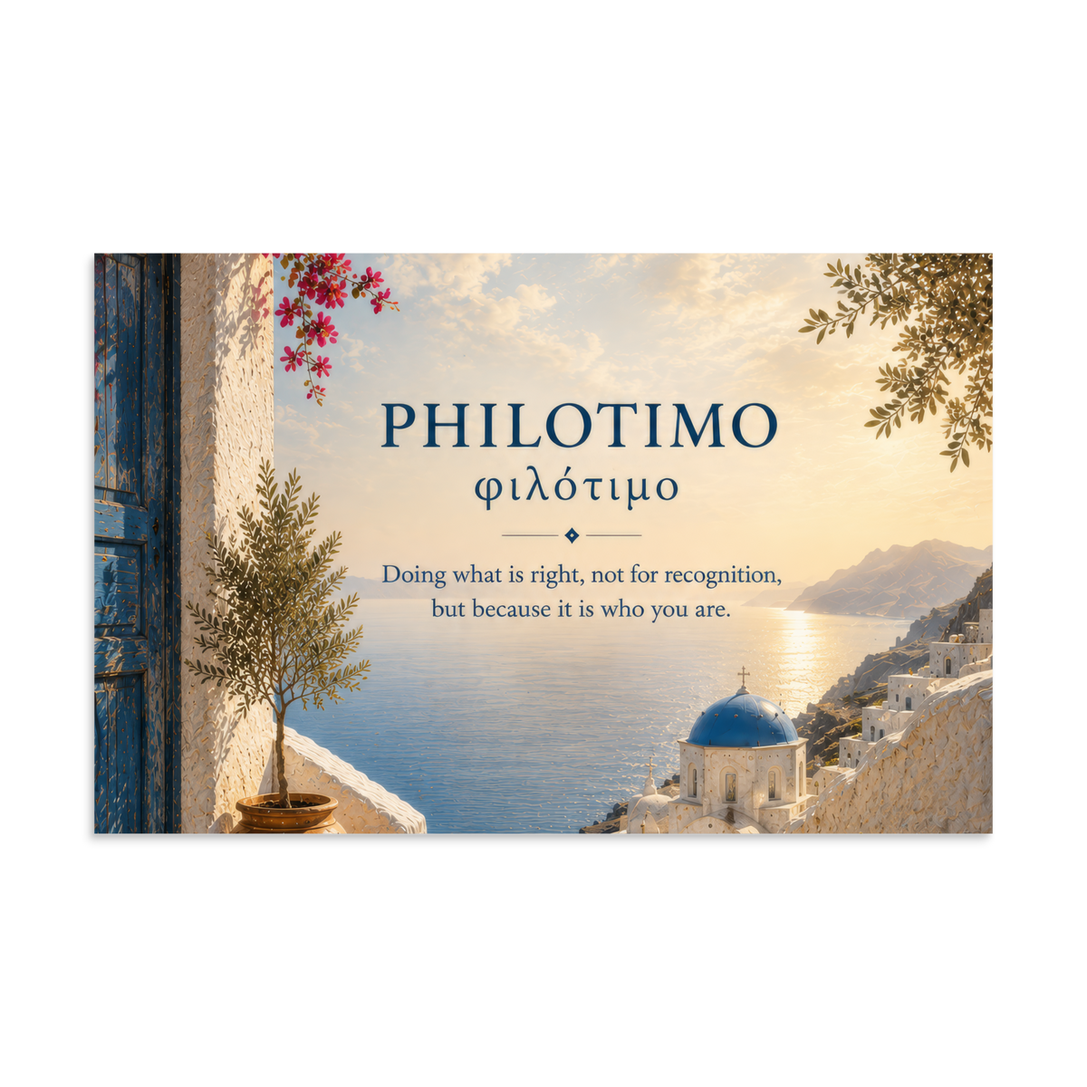 Poster featuring an artful design around the Greek concept of philotimo, 11″×17″ size.