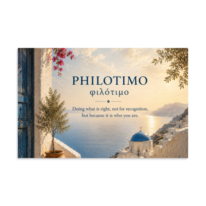 Poster featuring an artful design around the Greek concept of philotimo, 11″×17″ size.