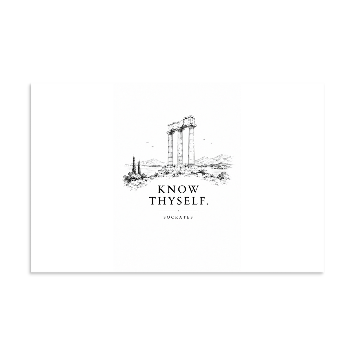 Poster featuring classical ruins and the Greek maxim “Know Thyself” in centered typography, 11″×17″ size.