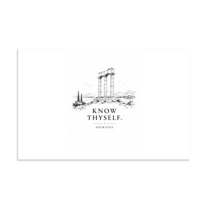 Poster featuring classical ruins and the Greek maxim “Know Thyself” in centered typography, 11″×17″ size.