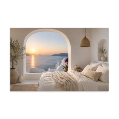 Illustrated Greek-island bedroom scene with whitewashed walls and sea-blue light, 11″×17″ size.
