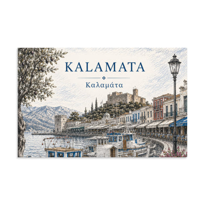 Illustrated Kalamata, Greece harbor scene with fishing boats, waterfront buildings, mountains, and an olive tree, titled “KALAMATA” and “Καλαμάτα”, 11″×17″ size.