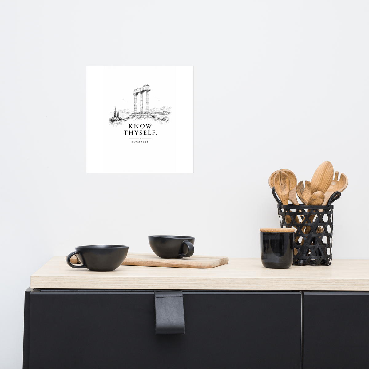 Poster featuring classical ruins and the Greek maxim “Know Thyself” in centered typography, 12″×12″ size.