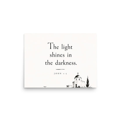Scripture poster featuring John 1:5 and the theme of light overcoming darkness, 12″×16″ size.