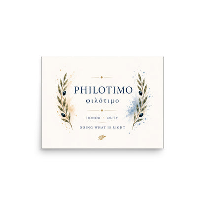 Poster featuring an artful design around the Greek concept of philotimo, 12″×16″ size.