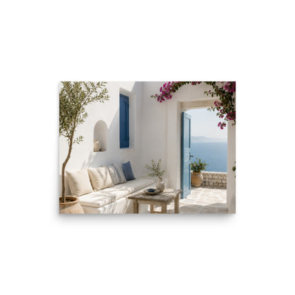 Illustrated Cycladic courtyard scene in white, blue, and stone tones, 12″×16″ size.