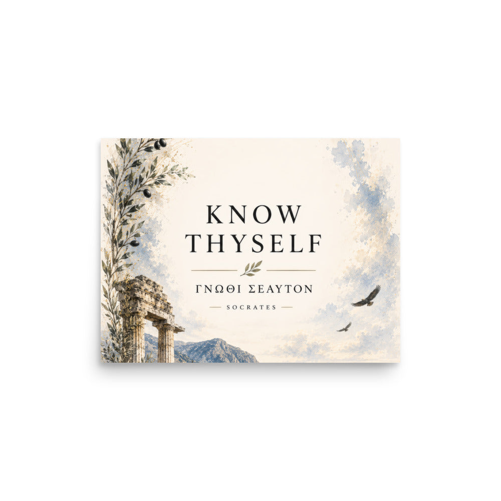 Poster featuring classical ruins and the Greek maxim “Know Thyself” in centered typography, 12″×16″ size.