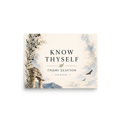 Poster featuring classical ruins and the Greek maxim “Know Thyself” in centered typography, 12″×16″ size.