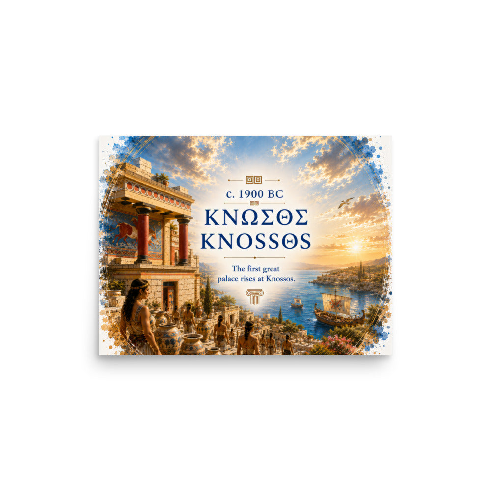 Illustrated poster interpreting ancient Knossos and Bronze Age Crete, 12″×16″ size.