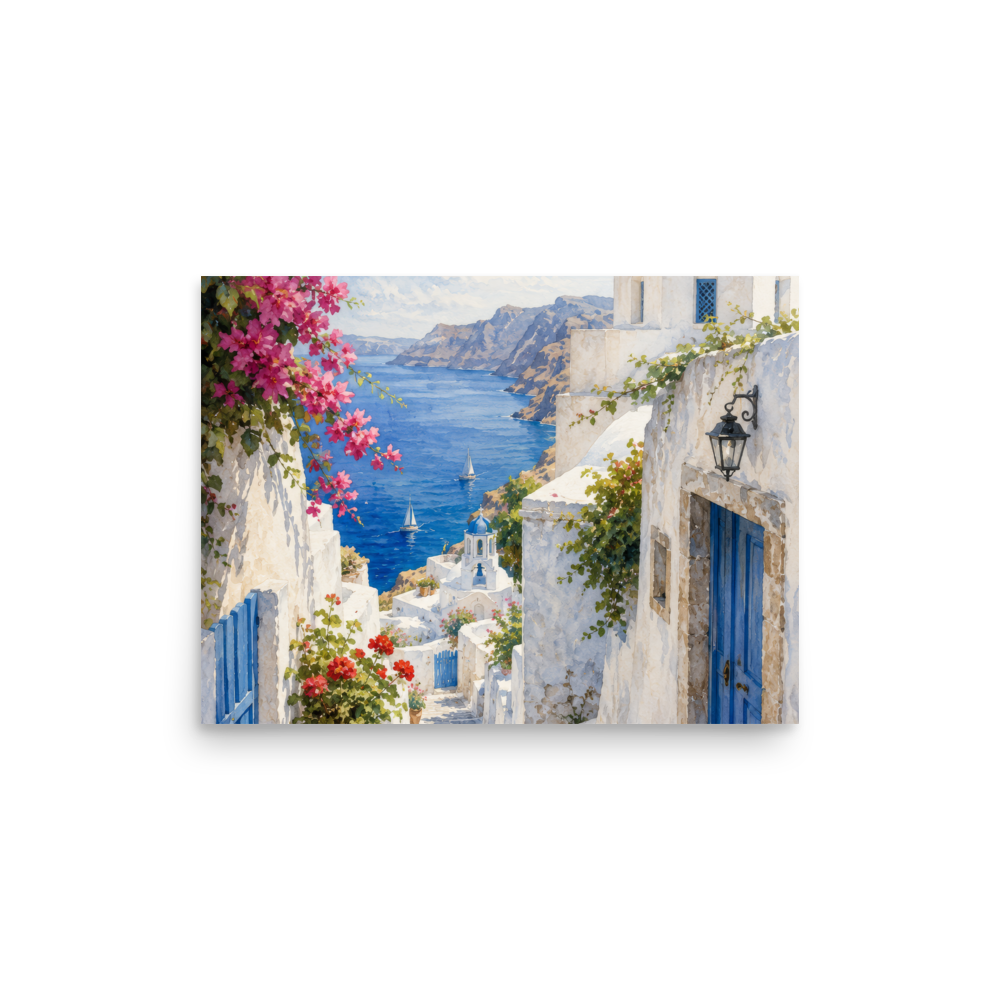 Illustrated poster of a Santorini courtyard scene, 12″×16″ size.