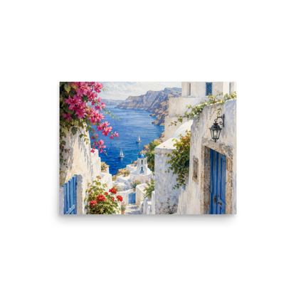 Illustrated poster of a Santorini courtyard scene, 12″×16″ size.