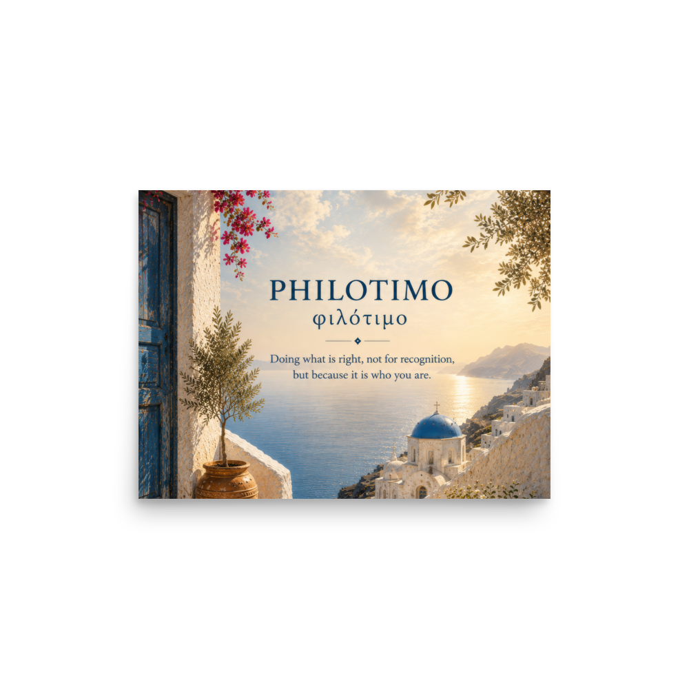 Poster featuring an artful design around the Greek concept of philotimo, 12″×16″ size.