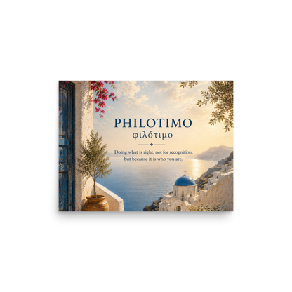 Poster featuring an artful design around the Greek concept of philotimo, 12″×16″ size.
