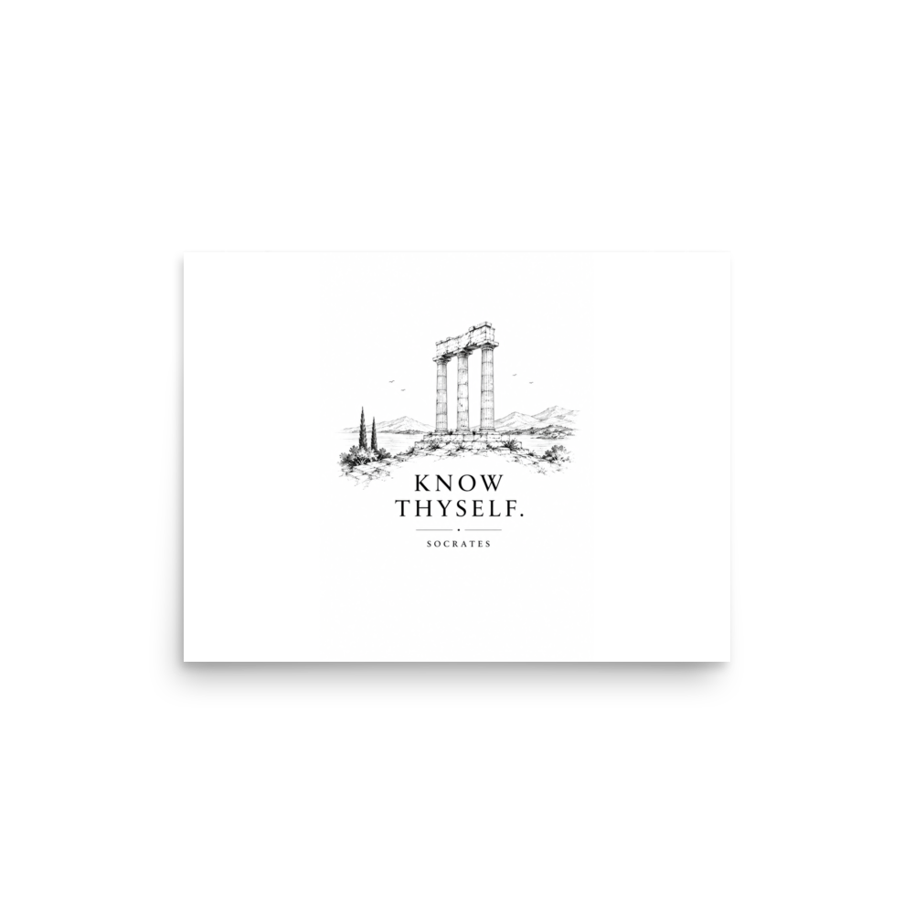 Poster featuring classical ruins and the Greek maxim “Know Thyself” in centered typography — additional product photo.