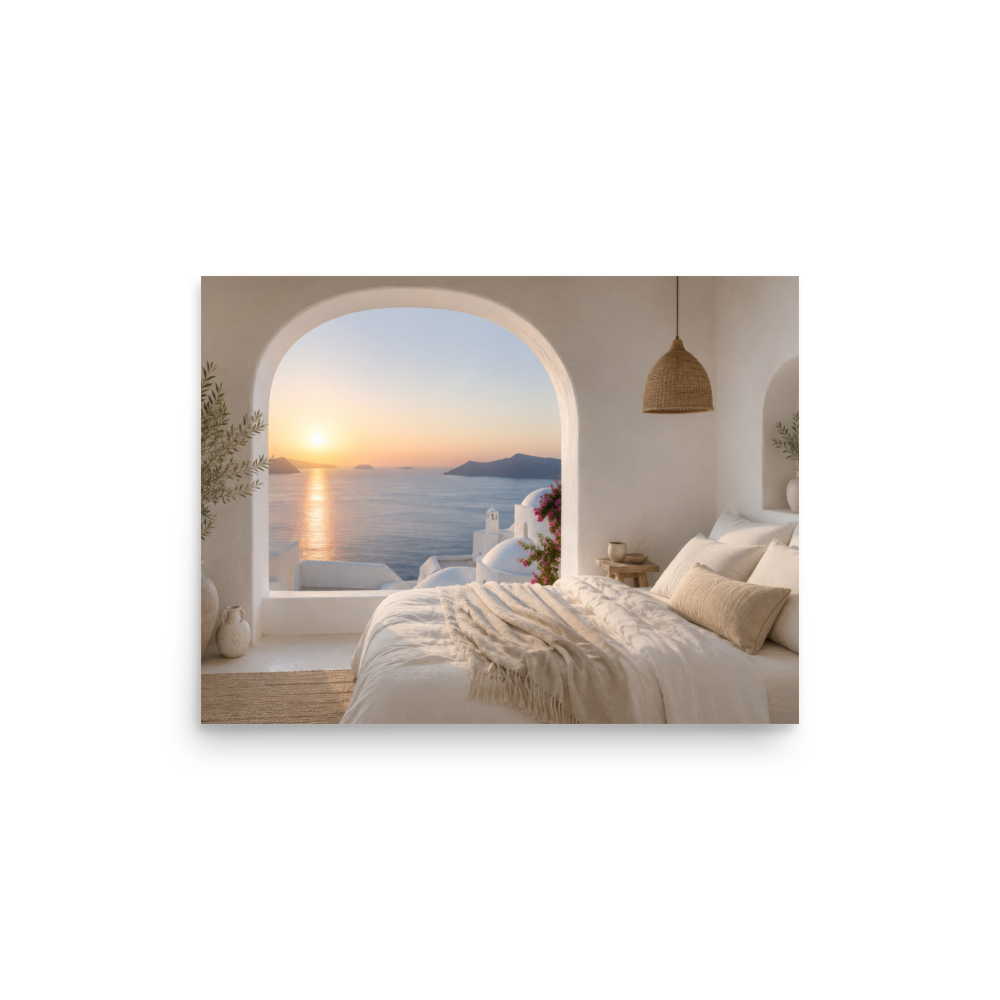 Illustrated Greek-island bedroom scene with whitewashed walls and sea-blue light, 12″×16″ size.